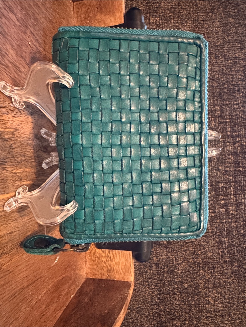 Vintage Woven Leather Zip Around Small 6 Card Coin Turquoise: D-80